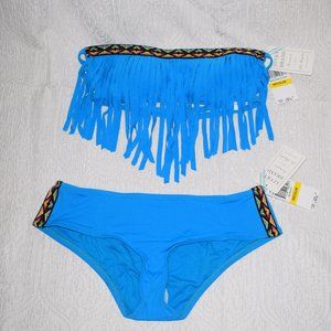 Lucky Brand Blue Fringe Bohemian Swimsuit Bandeau w/ Bottoms Set